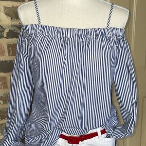 Velvet Heart Blue Preppy Oxford Pinstripe Off Shoulder Top Adjustable Strap Sz M
